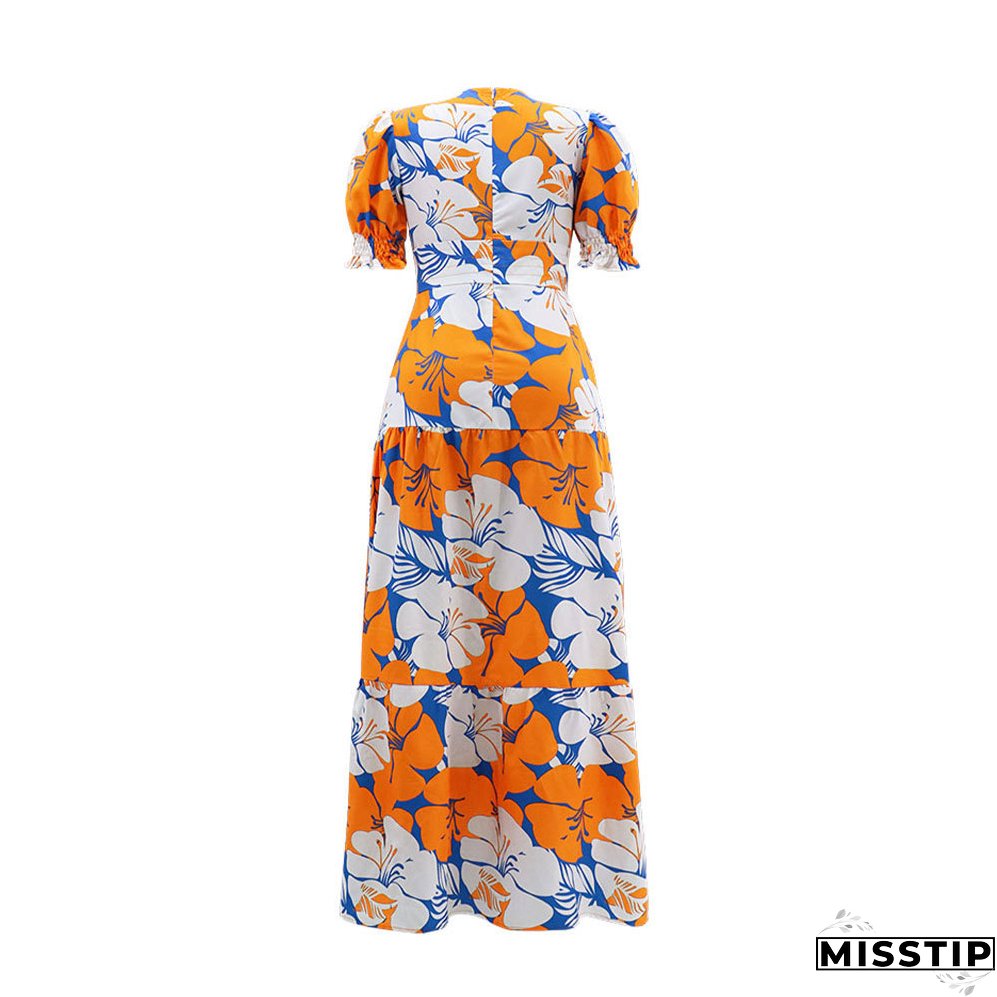 Women Elegant Printed V-Neck Puff Sleeve Patchwork Maxi Dress