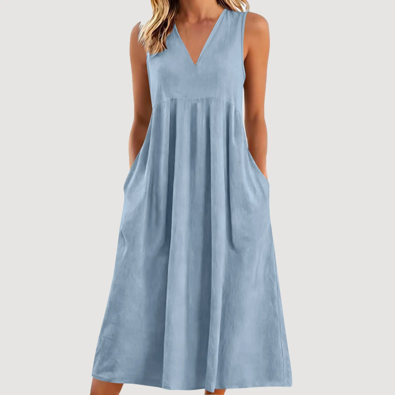 Women's Sleeveless V-Neck Pocket Loose Linen Midi Dress | 168DEAL