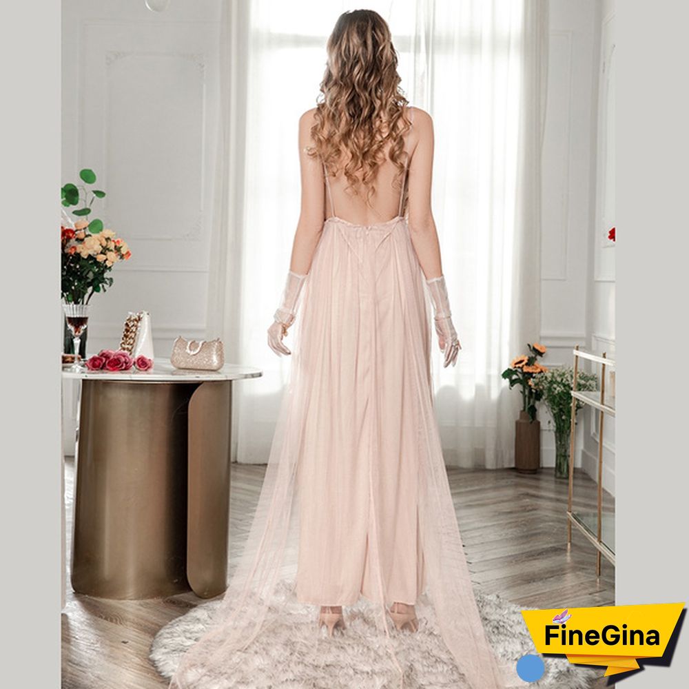 Fashion Plunging Neck Backless Flower Wedding Mesh Dress