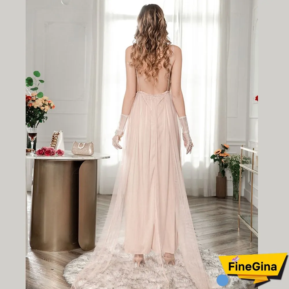 Fashion Plunging Neck Backless Flower Wedding Mesh Dress