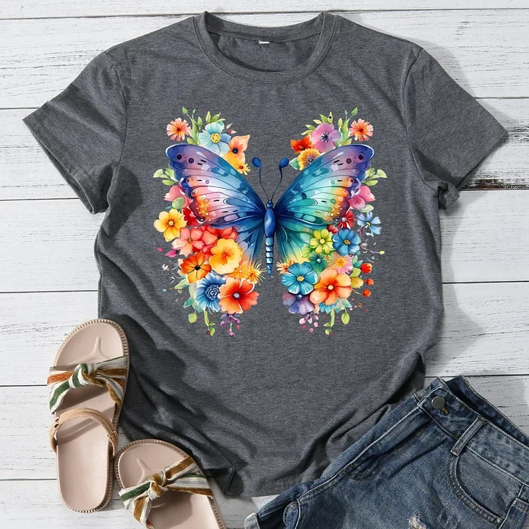 Butterflies and Flowers Round Neck T-shirt-0019745