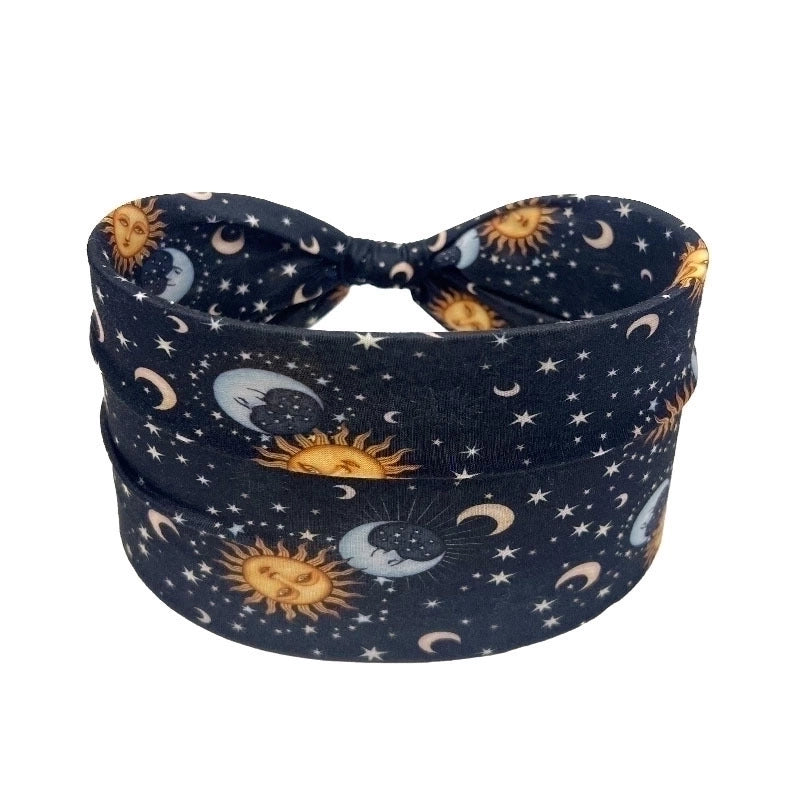Moon Sun Pattern Printed Wide Side Headband Not Slippery Knotted Hair Band Fashion Female Girl’s Headwear