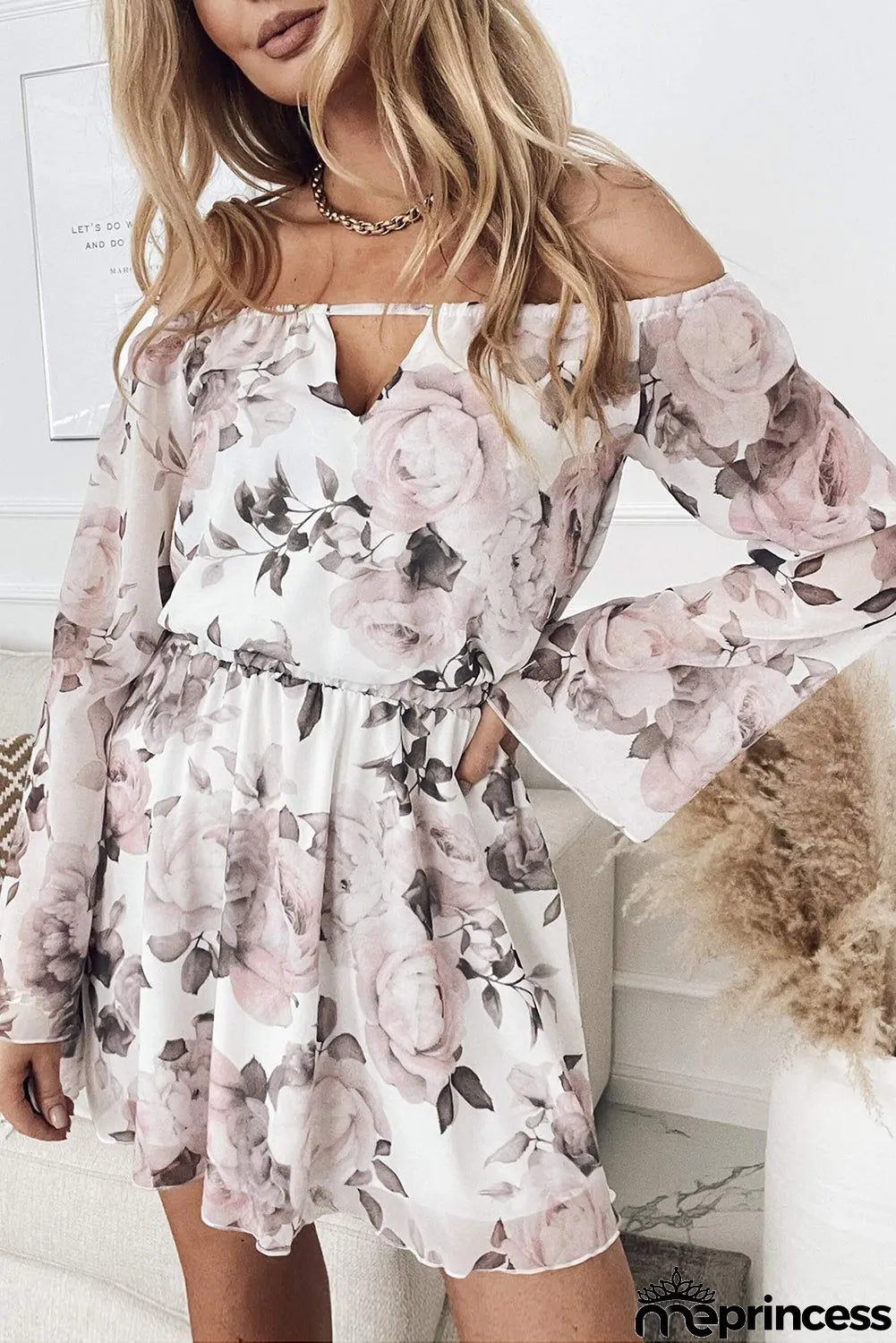 Off Shoulder Bell Sleeve Floral Dress