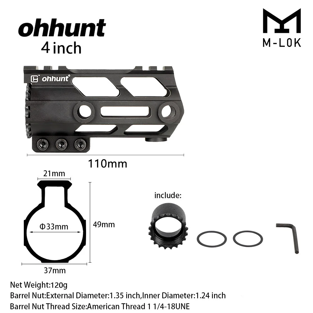 ohhunt Super Slim Lightweight Free Float M-LOK Handguard with Steel Barrel Nut