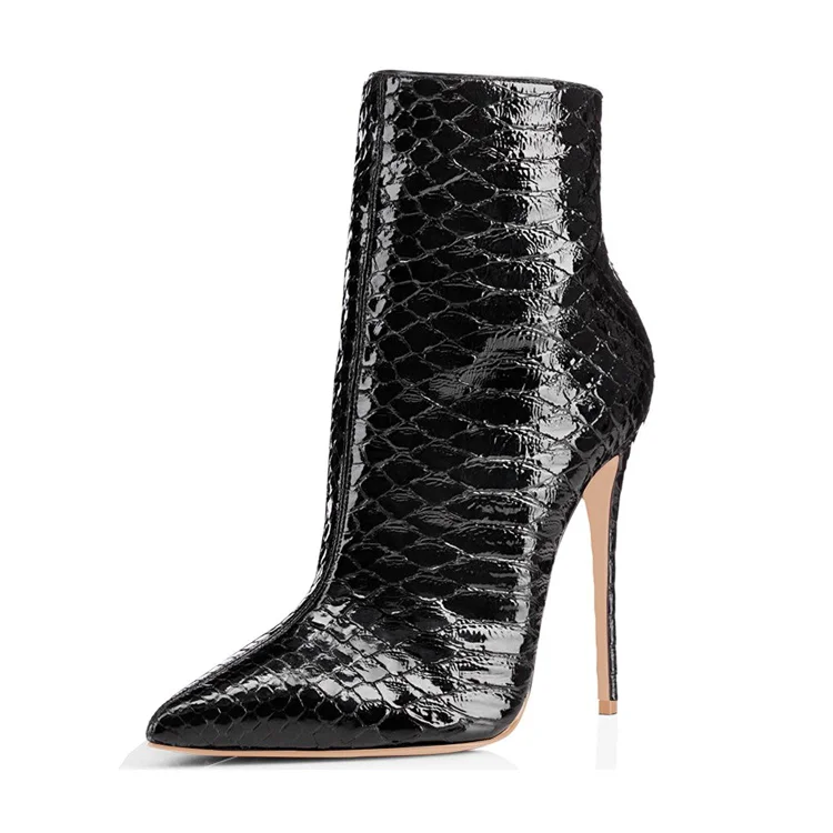 Black Vegan Snakeskin Ankle Boots Pointed Toe Stiletto Heels Vdcoo