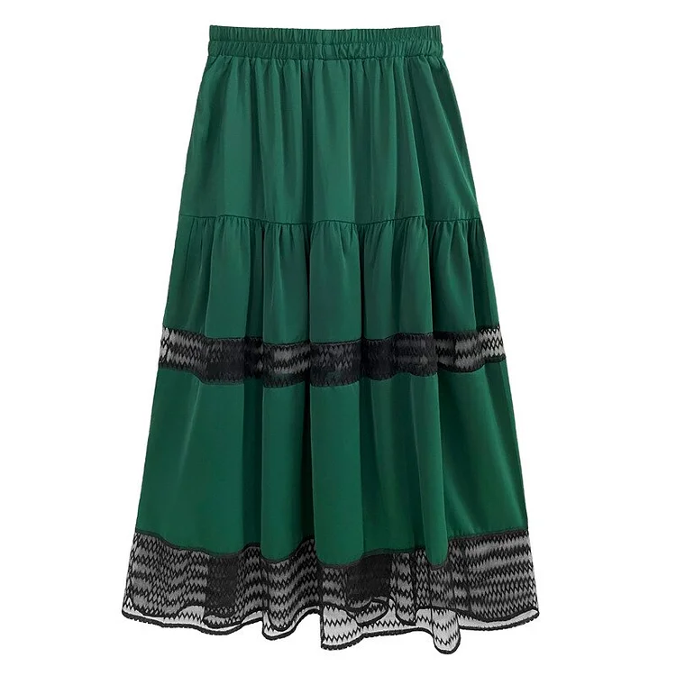 Elegant Elastic Waist Solid Color Pleated Splicing Perspective Lace Ankle-length Skirt      