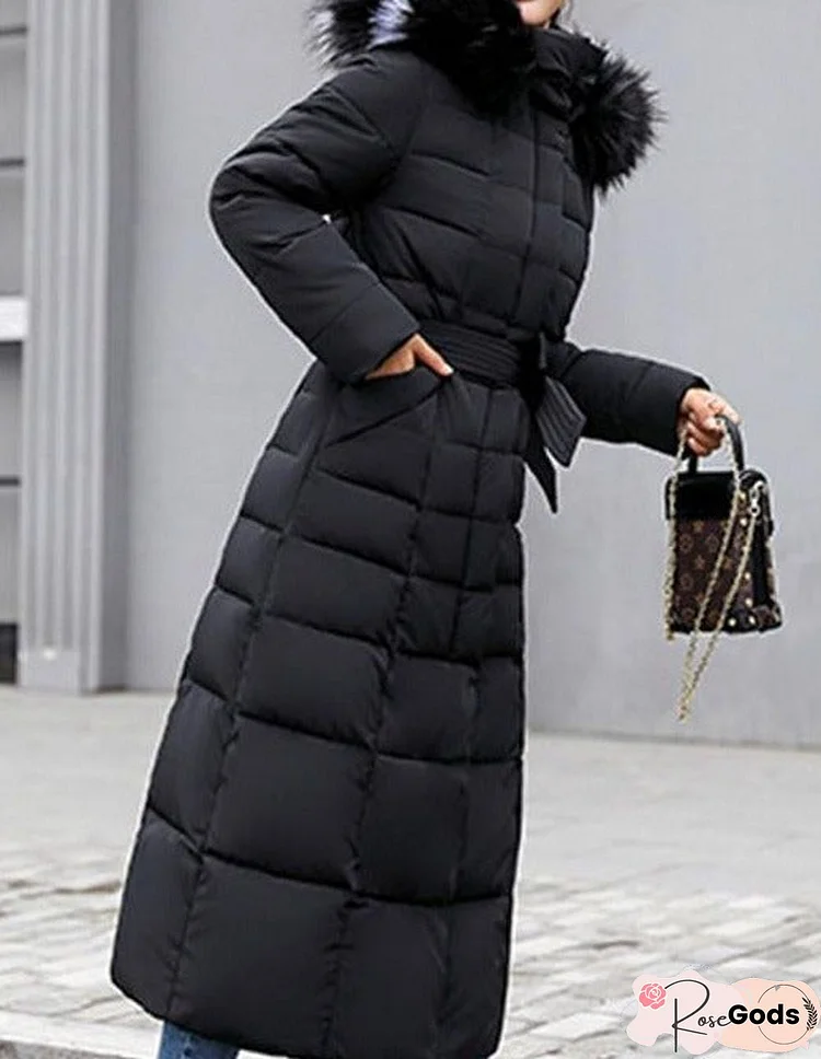 Hooded Fur Collar Belt Plain Coat