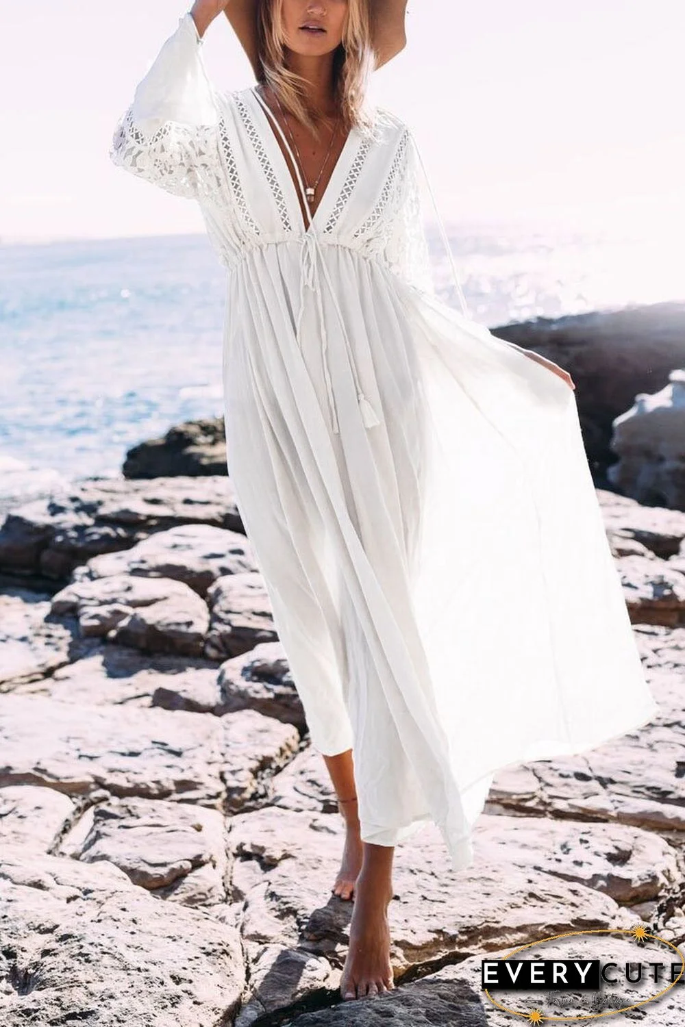 White Plunge Lace Drawstring Boho Beach Cover Up Maxi Dress