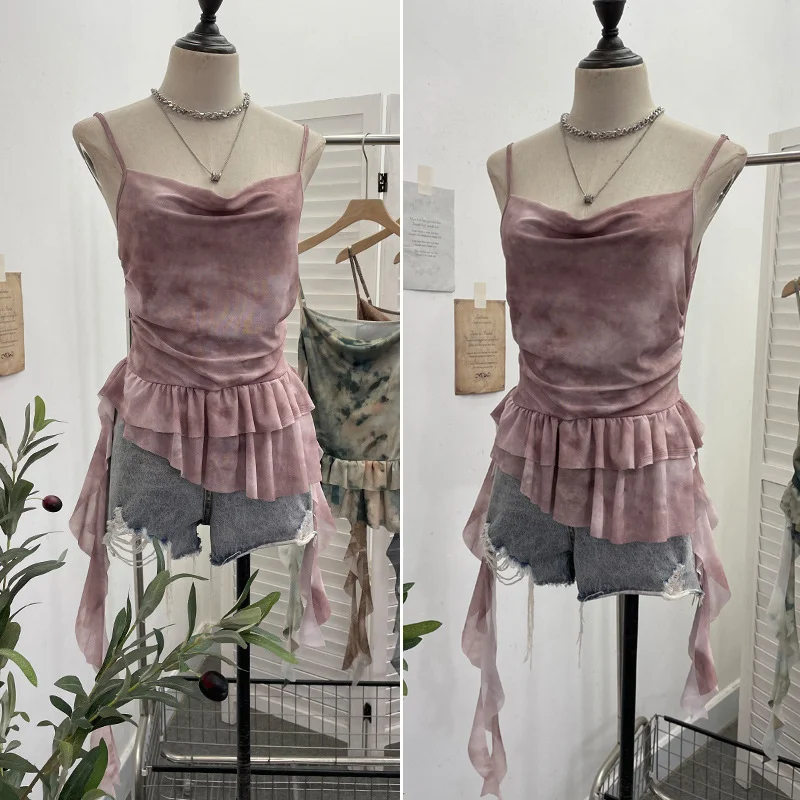 Uveng Real Shoot Spice Girl Swing Network Yarn Print Sling Vest Retivating Lotus Leaf Side Ribbon Short Top 1210