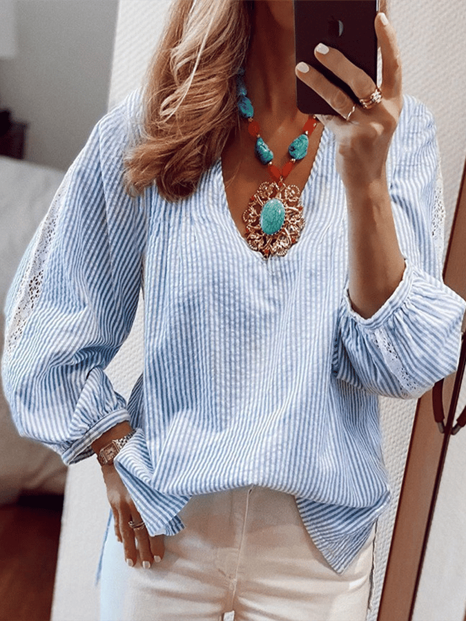 Women's Lace Patchwork Striped Long Sleeve Shirt