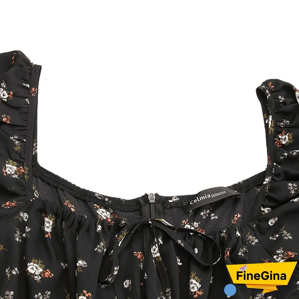Women Summer Puff Short Sleeves Maxi Dress Floral Print Bohemian Square Collar Party Casual Long Dresses Plus Size