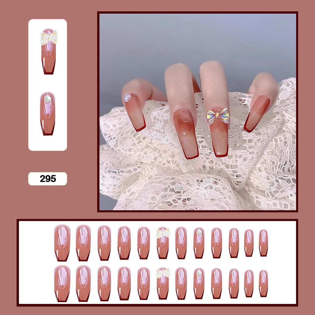 Three-dimensional bow flowers sweet heart shaped long trapezoidal wearable nail fake nails-Nail Inspo