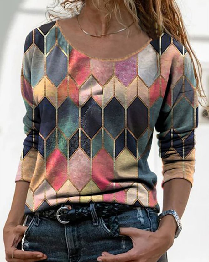 Women's Geometric Printed Roumd Neck Long Sleeves Casual Tops