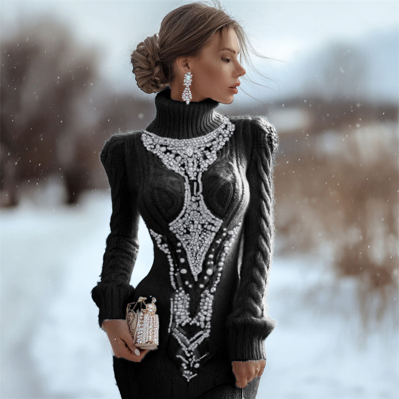 Classy Opal Jewel Art Cable Knit Turtleneck Sweater Dress