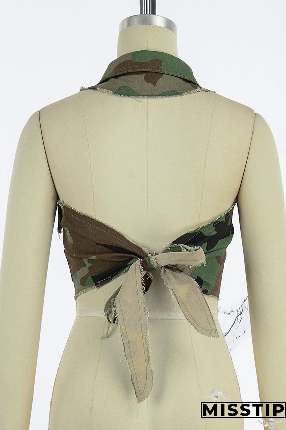 Camouflage Street Print Camouflage Print Patchwork Pocket Buckle Turndown Collar Tops