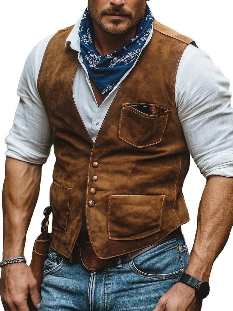Outdoor V Neck Multi-pocket Suede Vest