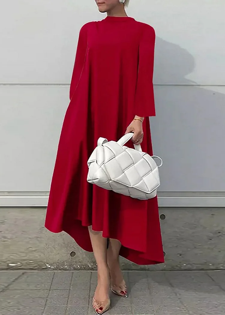 Fashion Red Hign Neck Low High Design Cotton Dress Fall