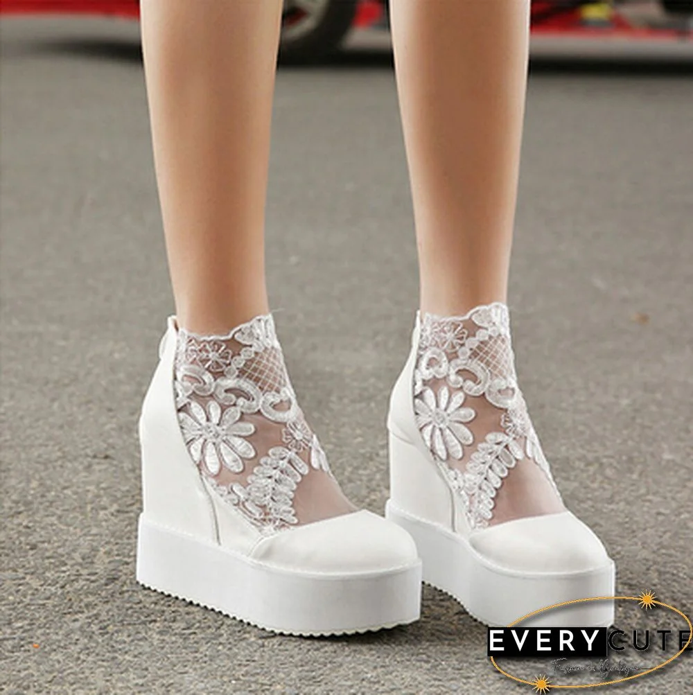 Fashion Women Lace Shoes Wedge Heels Platform Pumps Sandals High Heel Shoes Women's Platform, Lace 3 Colors