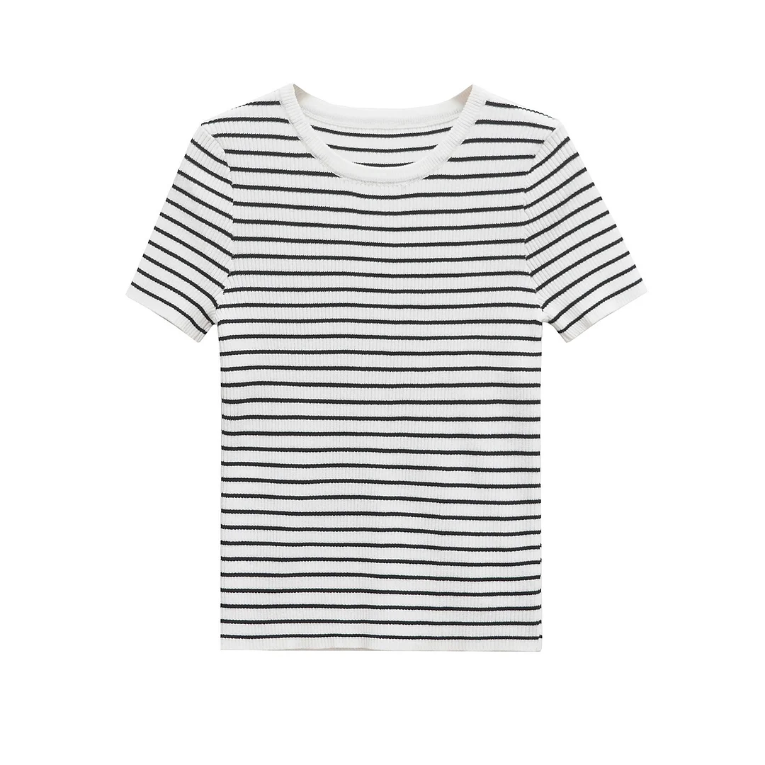 Nigikala Nigikala Spring New Soft Short Sleeve Striped Knitted T-Shirt T-Shirt Bottom 3519020