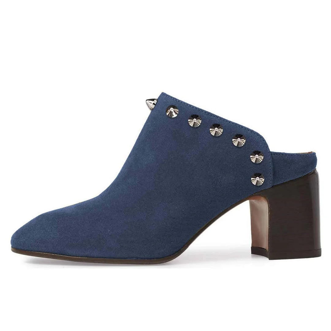 Navy Slip-On Round Toe Block Heel Mules Shoes with Studded Design