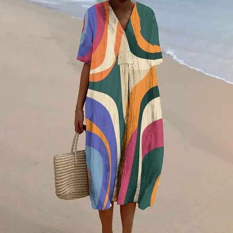 Women's Colorful Line Printed Flowy Dress