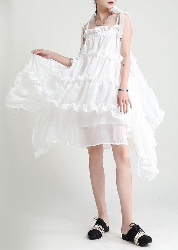 White Asymmetrical Design Patchwork Summer Tiered Party Dress Sleeveless