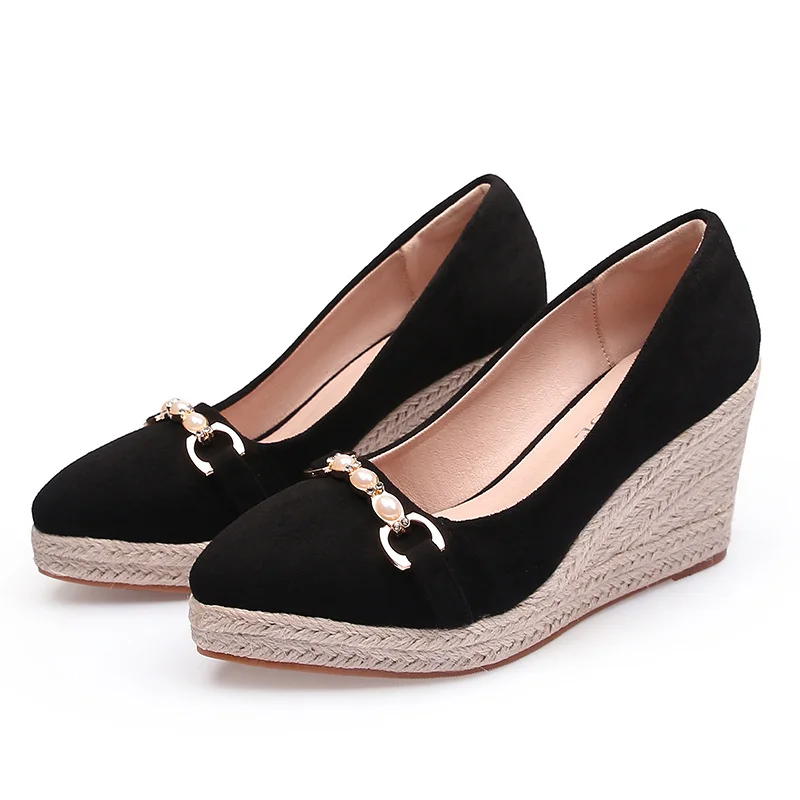 Wongn Wongn And Autumn New Slope Heel Pointed Mouth Thick Bottom Suede Pearl Decoration Grass Hemp Rope High Heel Single Shoes Women