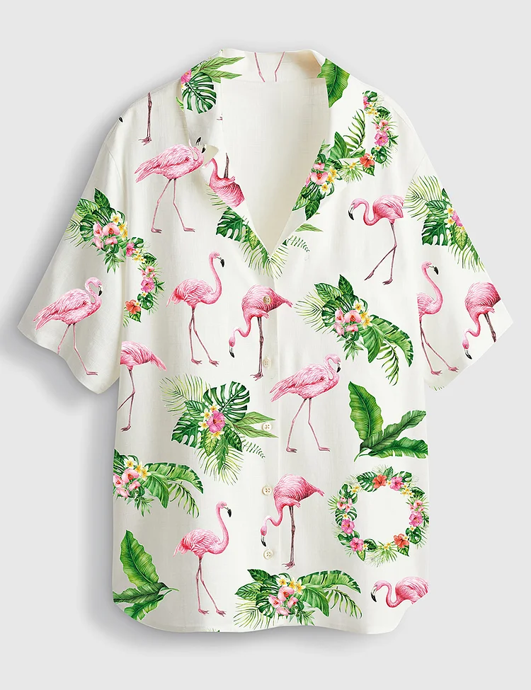 Women&rsquo;s Pink Flamingo Short Sleeve Linen Blend Hawaiian Shirt