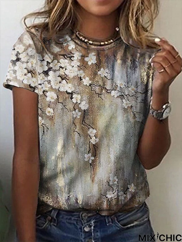 Casual Crew Neck Floral Short Sleeve T-Shirt