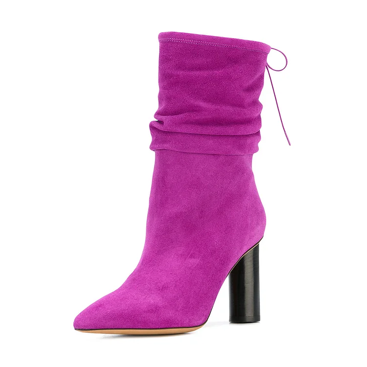 Fuchsia Slouch Boots Vegan Suede Pointy Toe Block Heel Mid-calf Boots |FSJ Shoes