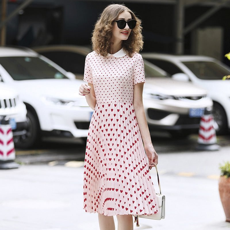 Summer Women's Clothing Sweet Doll Collar Peach Heart Print Mid-length Pleated Dress Fashion