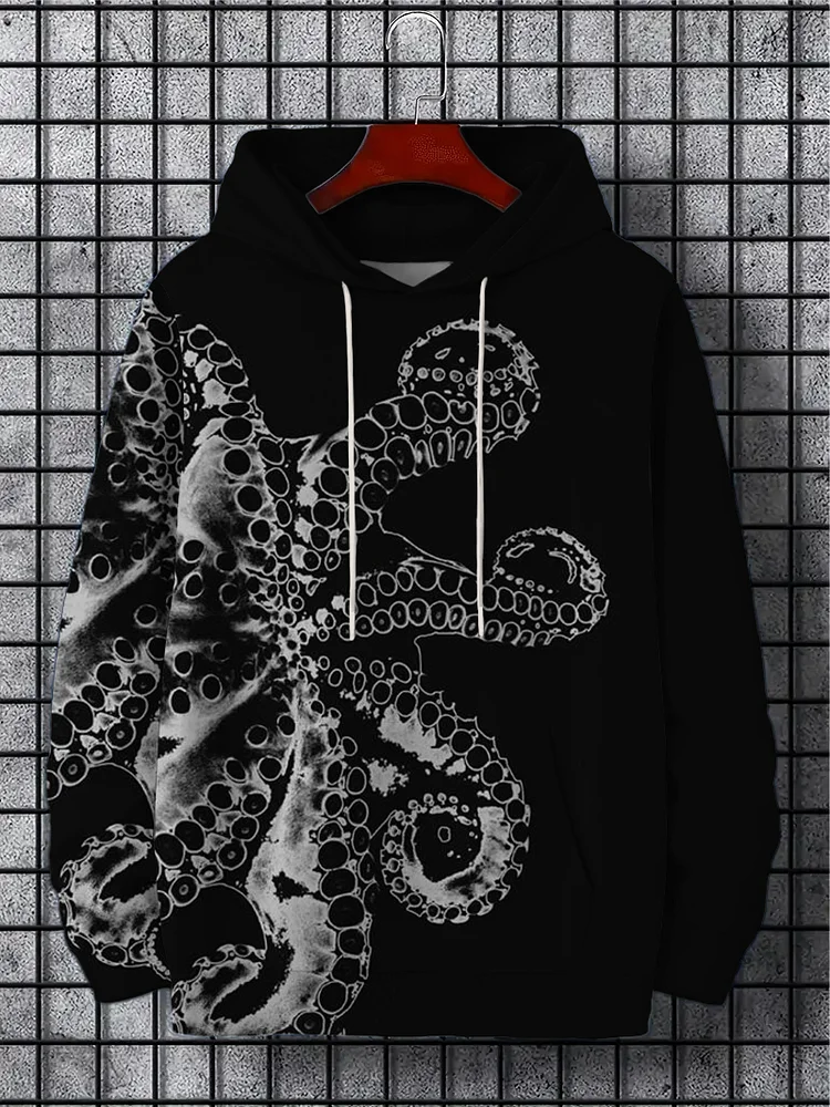 Men's Japanese Art Octopus Asymmetric Print Drawstring Hoodie