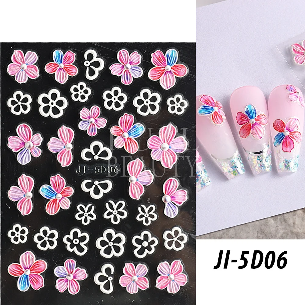 Churchf Nail Stickers Flowers Geometric Lines Decor Acrylic Embossed Sliders Gold Frame Nail Decals Cherry Blossom Manicure GLJI-5D05-Nail Inspo