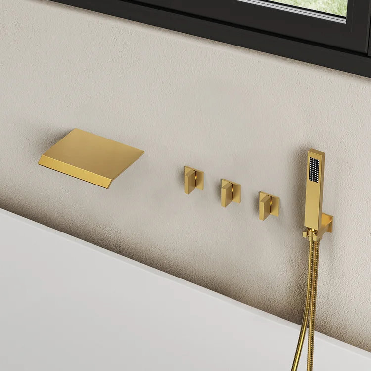 SFS-1111-GD Everstein brushed gold triple-handle control waterfall wall mounted bathtub faucet with hand shower