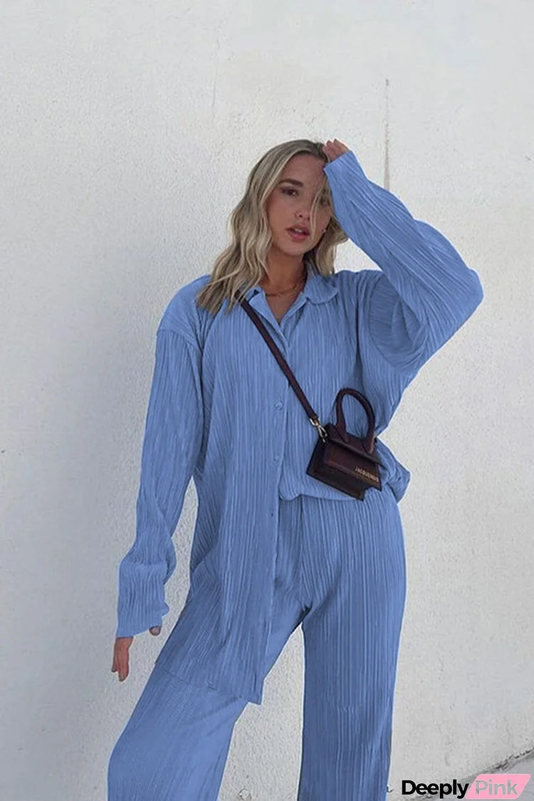 Pleated Shirt Wide Leg Pants Set