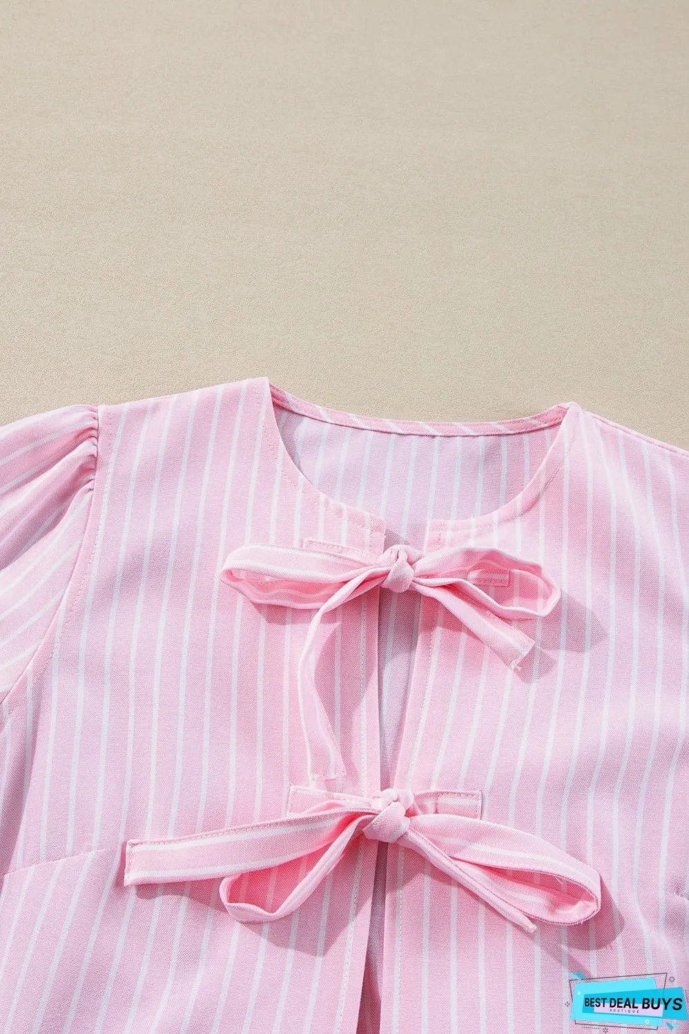 Pink Stripe Bowknot Front Crew Neck Puff Sleeve Blouse