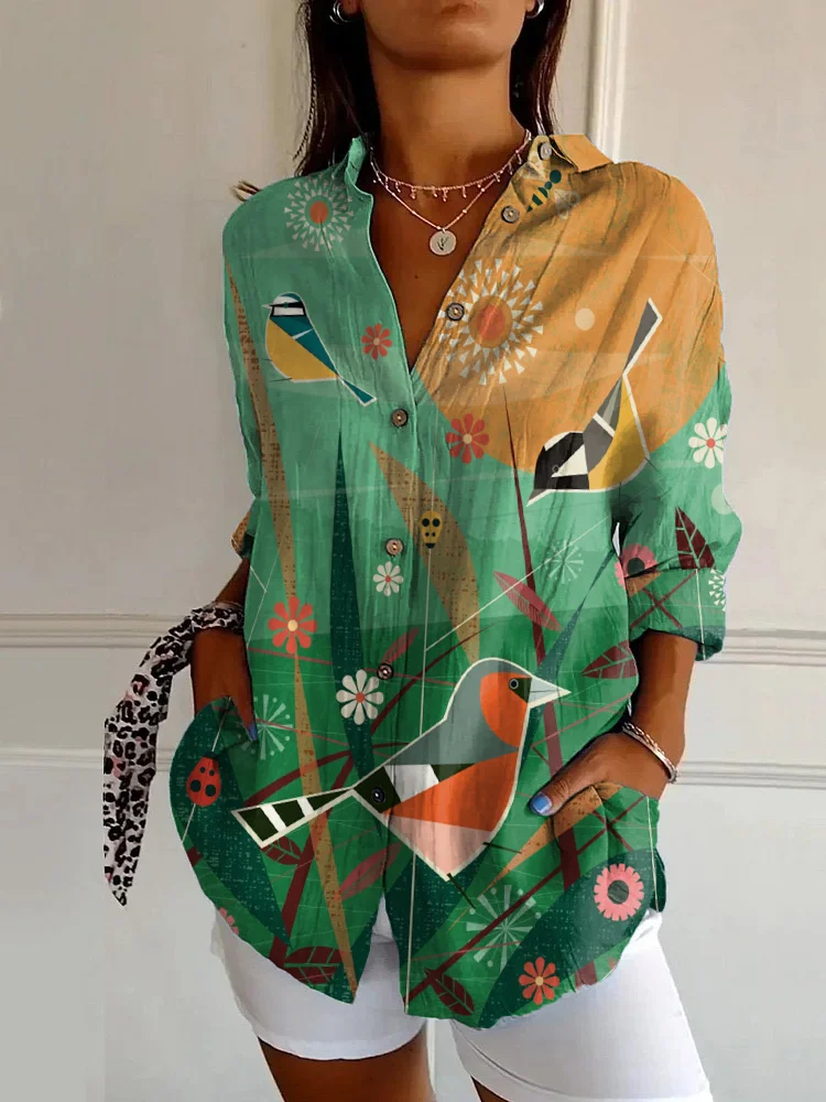 Vintage Bird Art Print Casual Long Sleeve Shirt