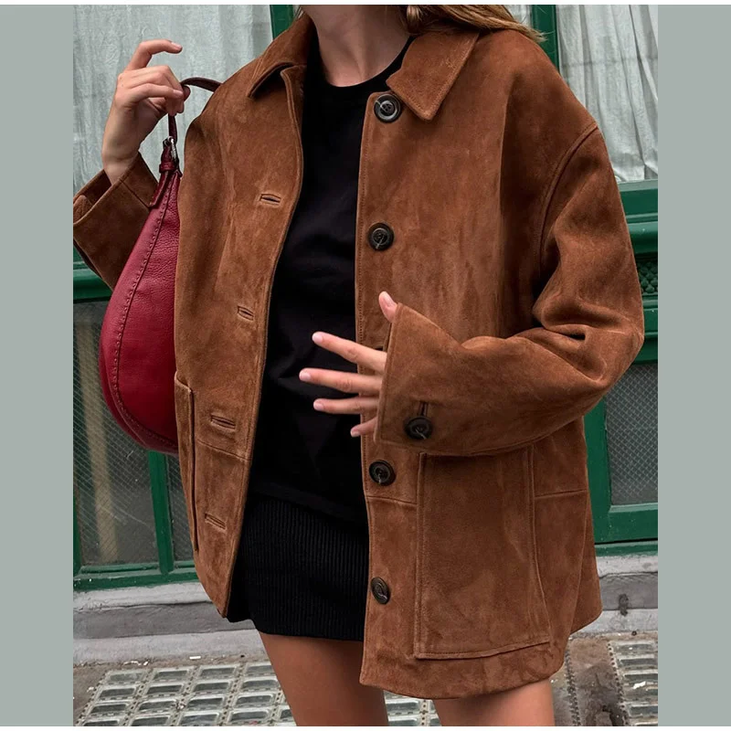 Churchf Churchf Shot-Vintage Lapel Long Sleeve Button Coat 24 Stylish Female Loose Street Style Pocket Jacket