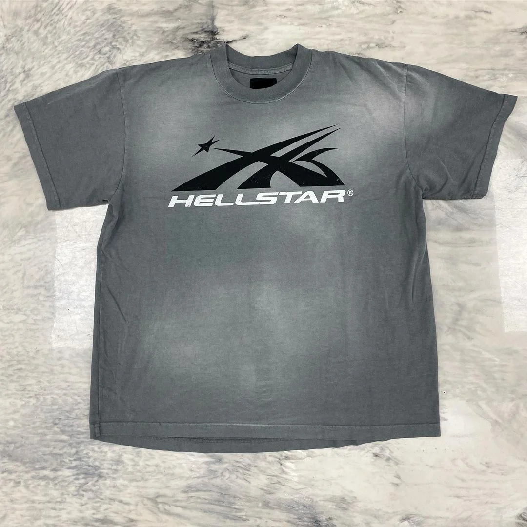Basic Hellstar Gray Washed Printed Short-Sleeved T-Shirt