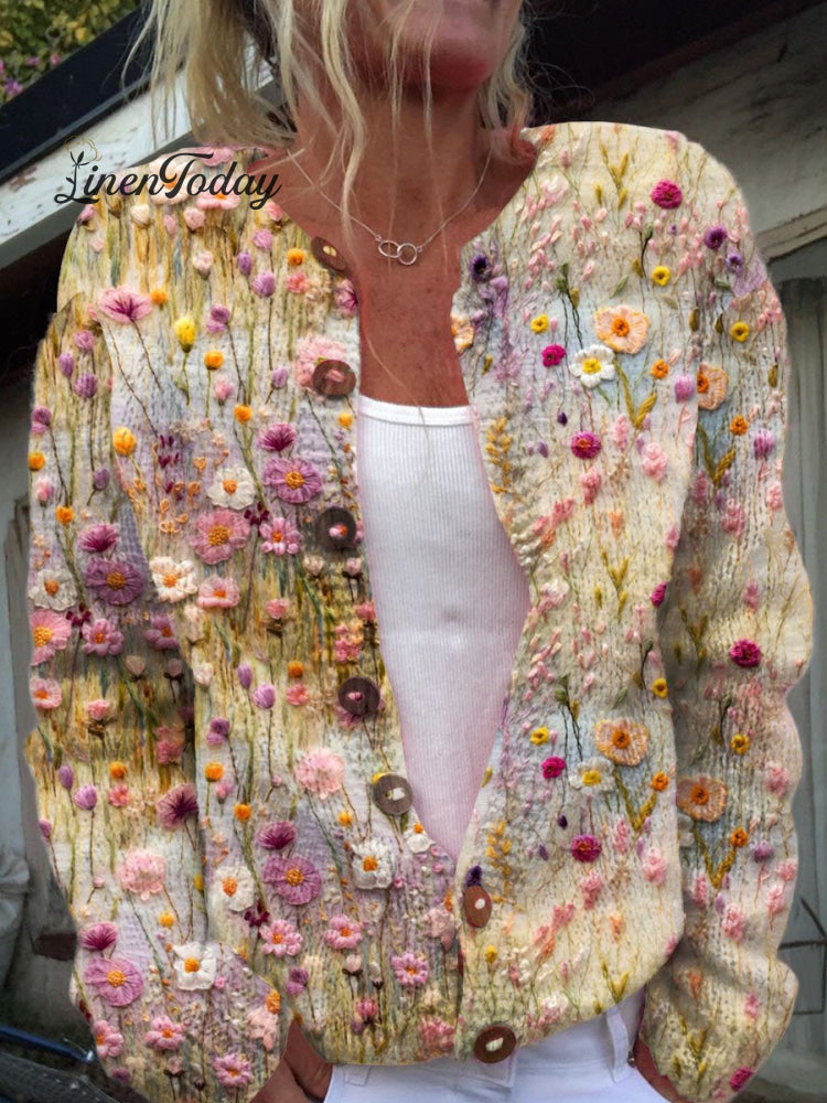 Floral Embroidery Art Print Buttoned Cardigan Sweater Multicolor / S