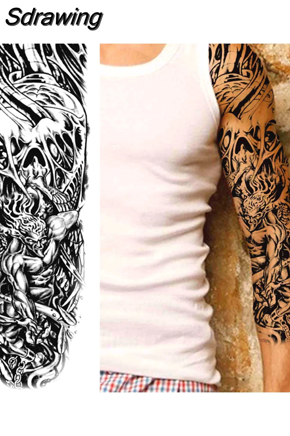 Sdrawing Totem Temporary Tattoo Sleeve For Men Women Adult Fake Flower Shoulder Tatoos Sticker Black Skull Tattoos Big Full Arm 521-0
