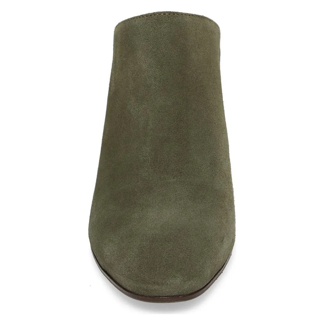 Vegan Suede Slip-On Round Toe Block Heel Mules for Women in Olive