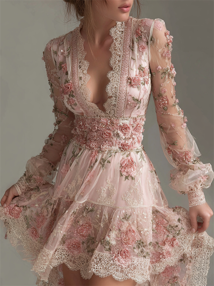Vintage Pink Roses Lace Flowy Mini Dress elevenforest