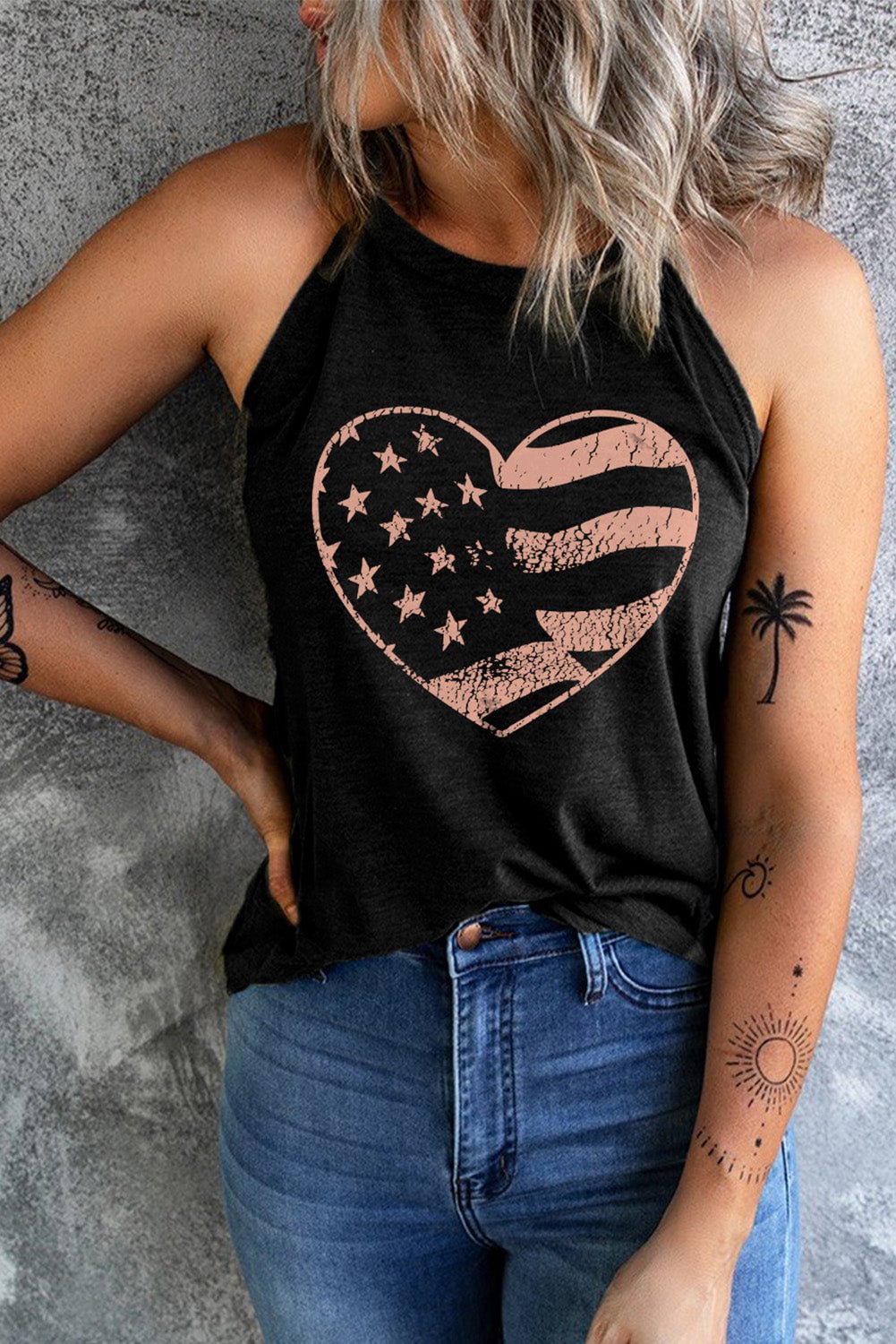 American Flag Heart Shaped Print Graphic Tank Top