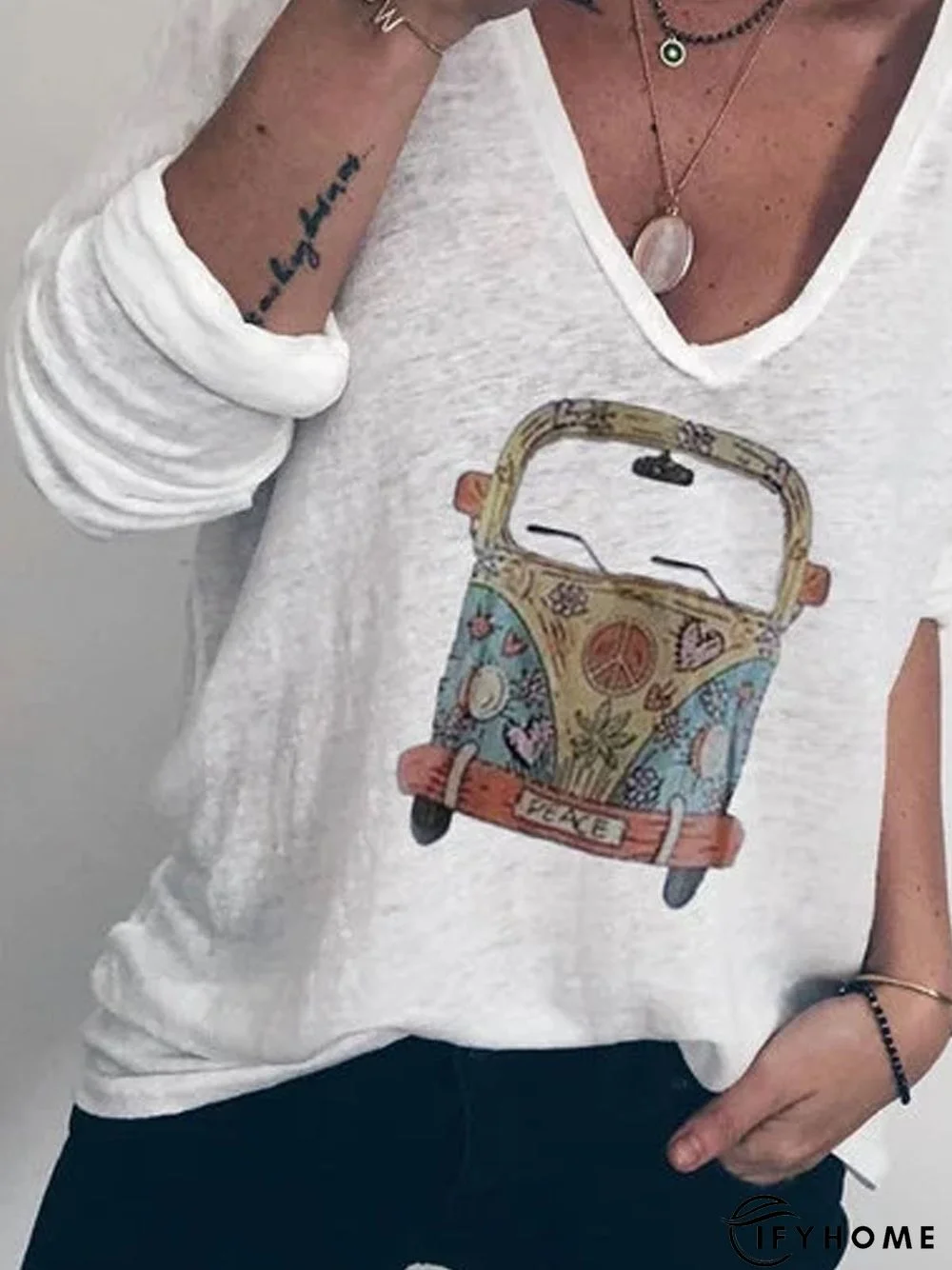 White Long Sleeve Printed T-shirt | IFYHOME