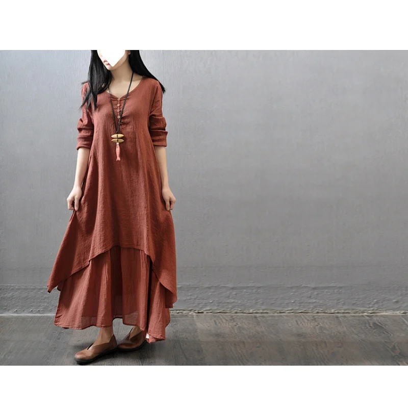Uveng Uveng Spring And Autumn New Fake Two Long Dress Literary And Wide Linen Dress Loose Long-Sleeved Solid Cotton Dress Summer