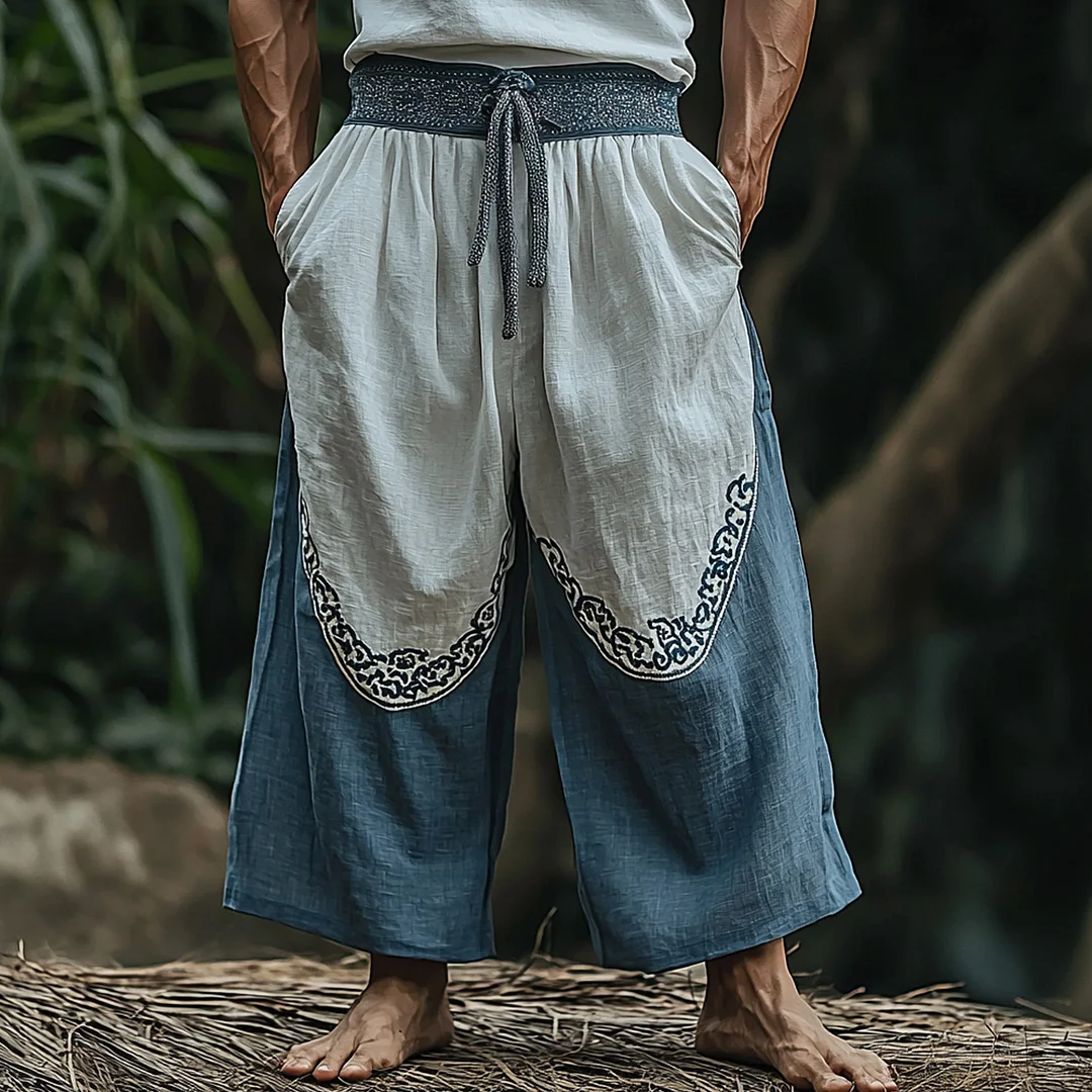 Men's Ethnic Print Casual Breathable Wide-leg Linen Harem Pants-inspireuse