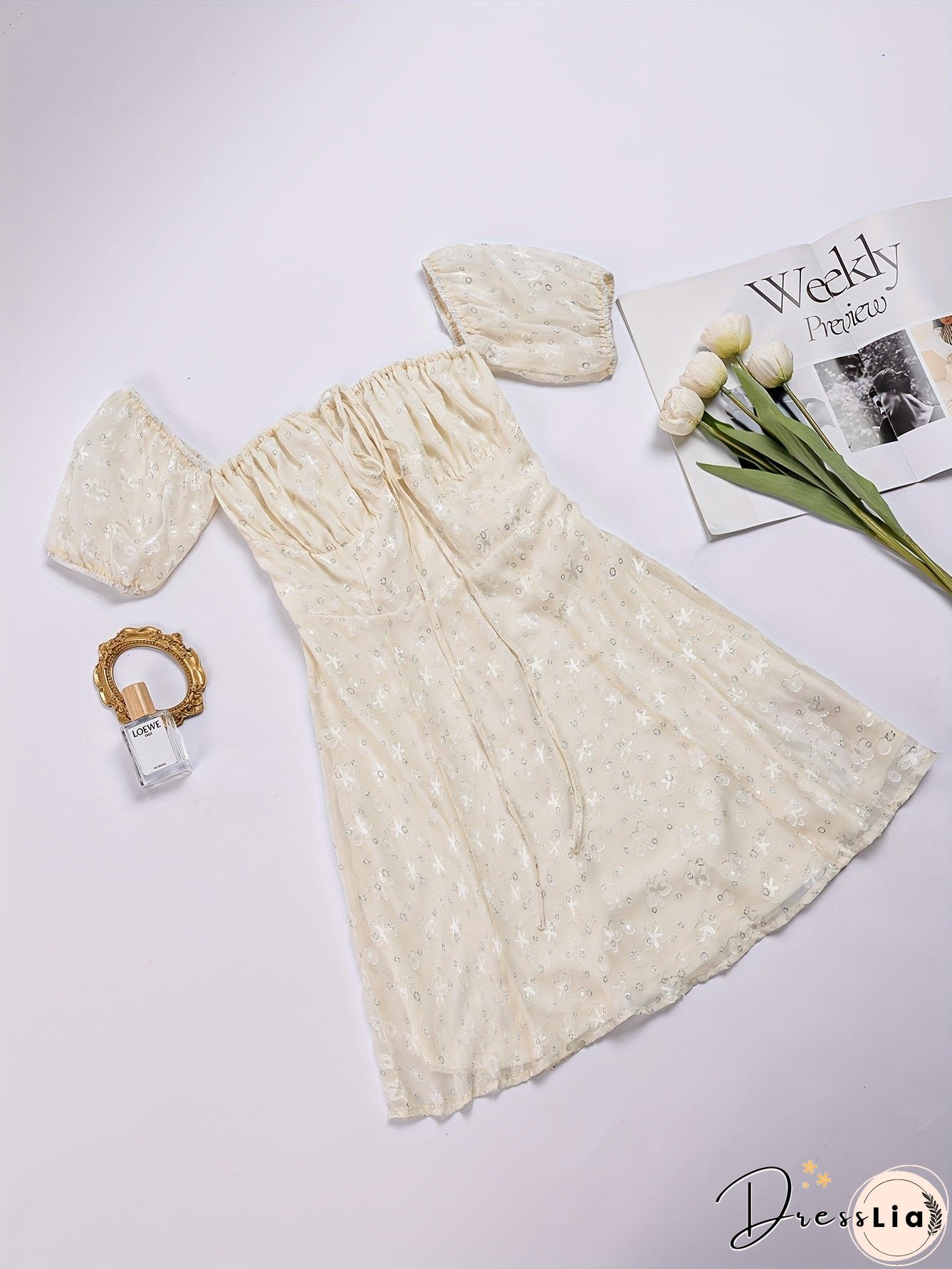 Drawstring Off Shoulder Dress, Elegant Short Sleeve Solid Party Dress, Women's Clothing