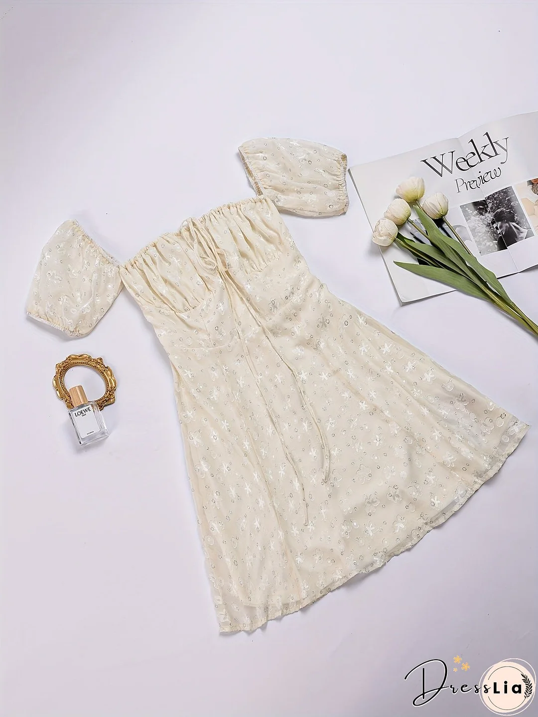 Drawstring Off Shoulder Dress, Elegant Short Sleeve Solid Party Dress, Women's Clothing