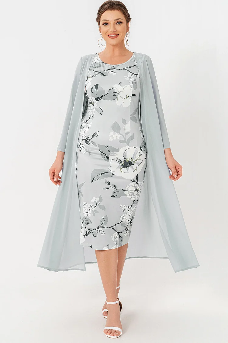 Flycurvy Plus Size Mother Of The Bride Grey Chiffon Floral Print Two Piece Tea-Length Dress  Flycurvy [product_label]